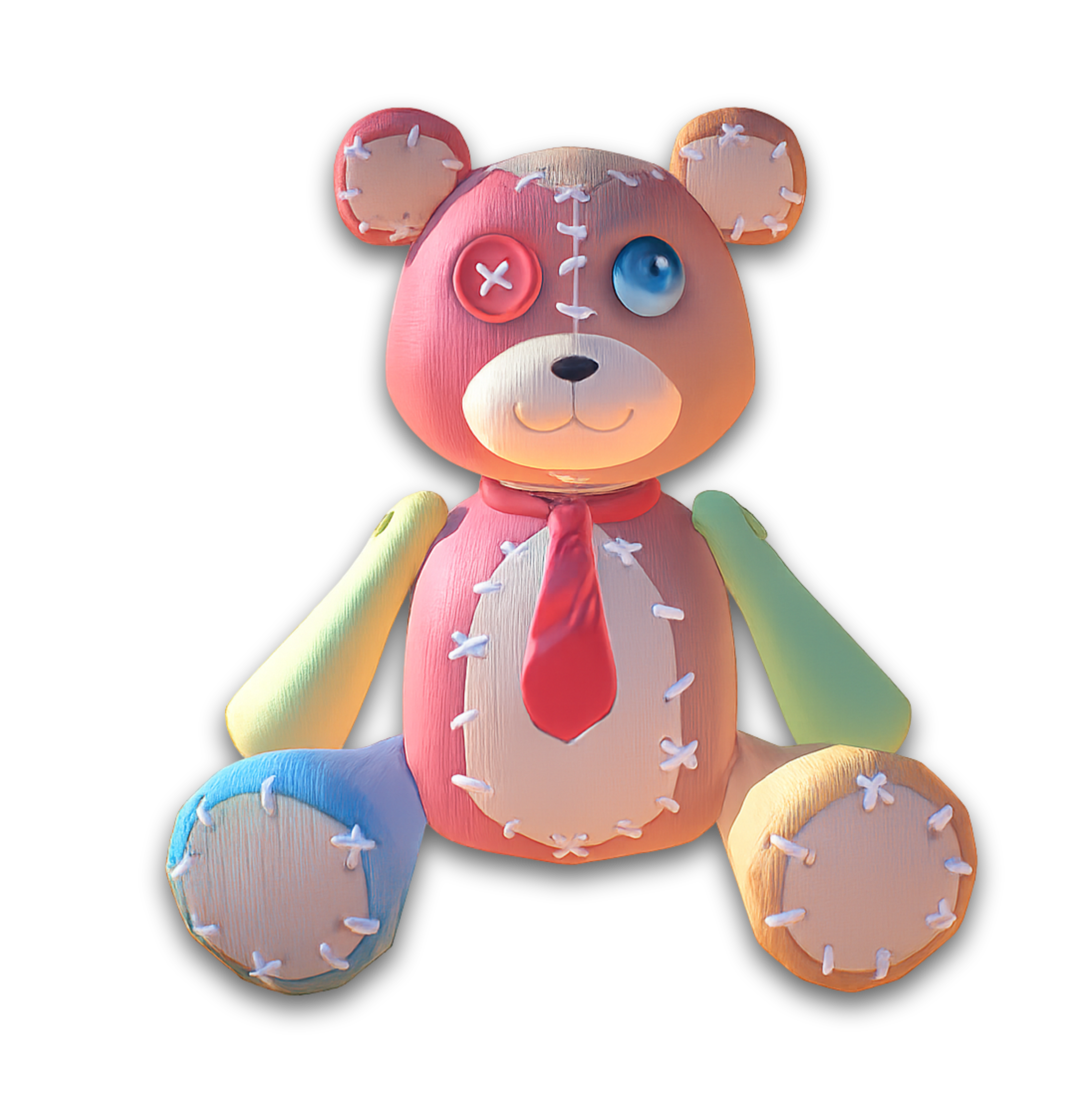 Patch — a soft, colorful patchwork teddy bear with a button eye, blue marble eye, and a little red tie